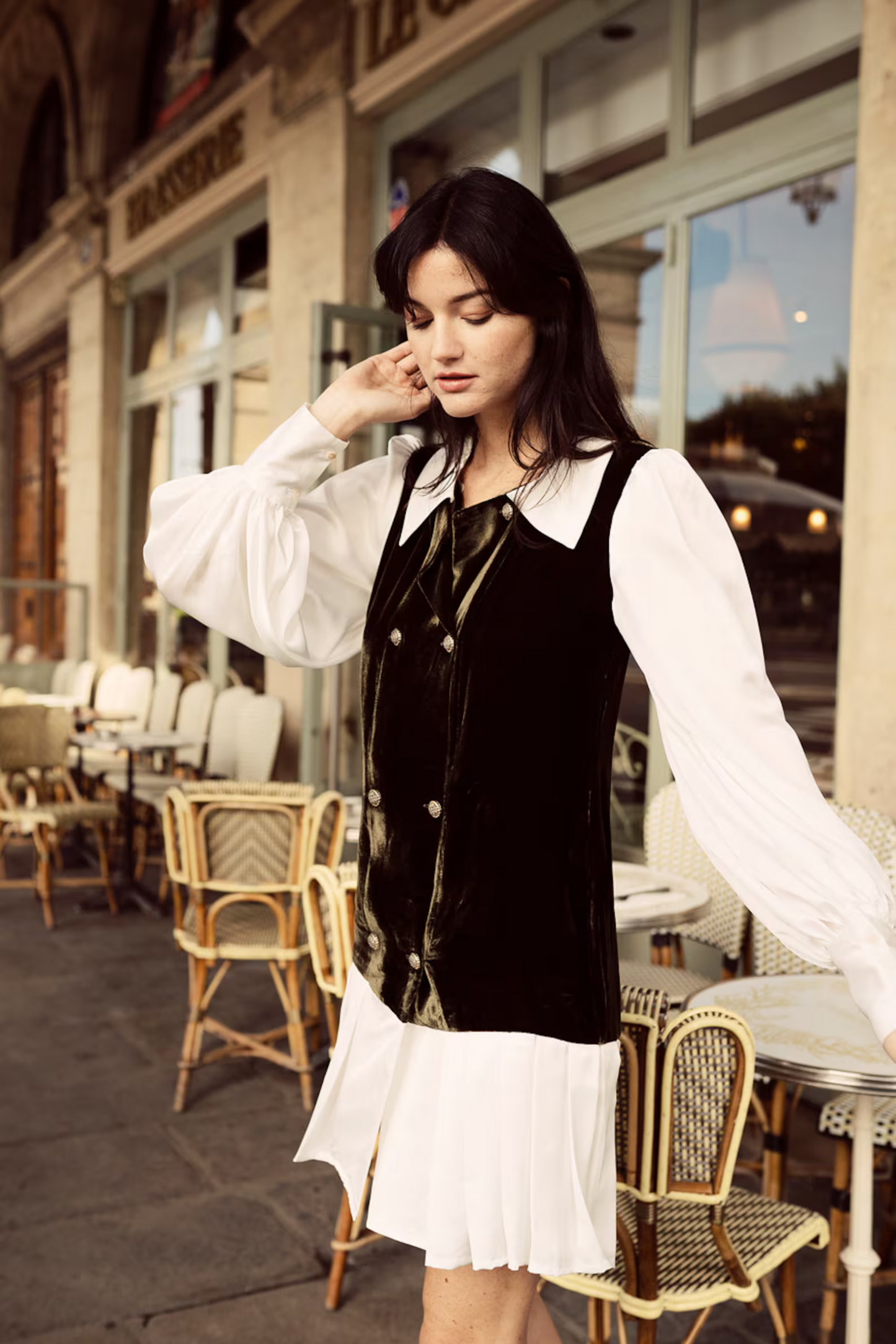 REBECCA Puff Sleeve Pleated Velvet Dress