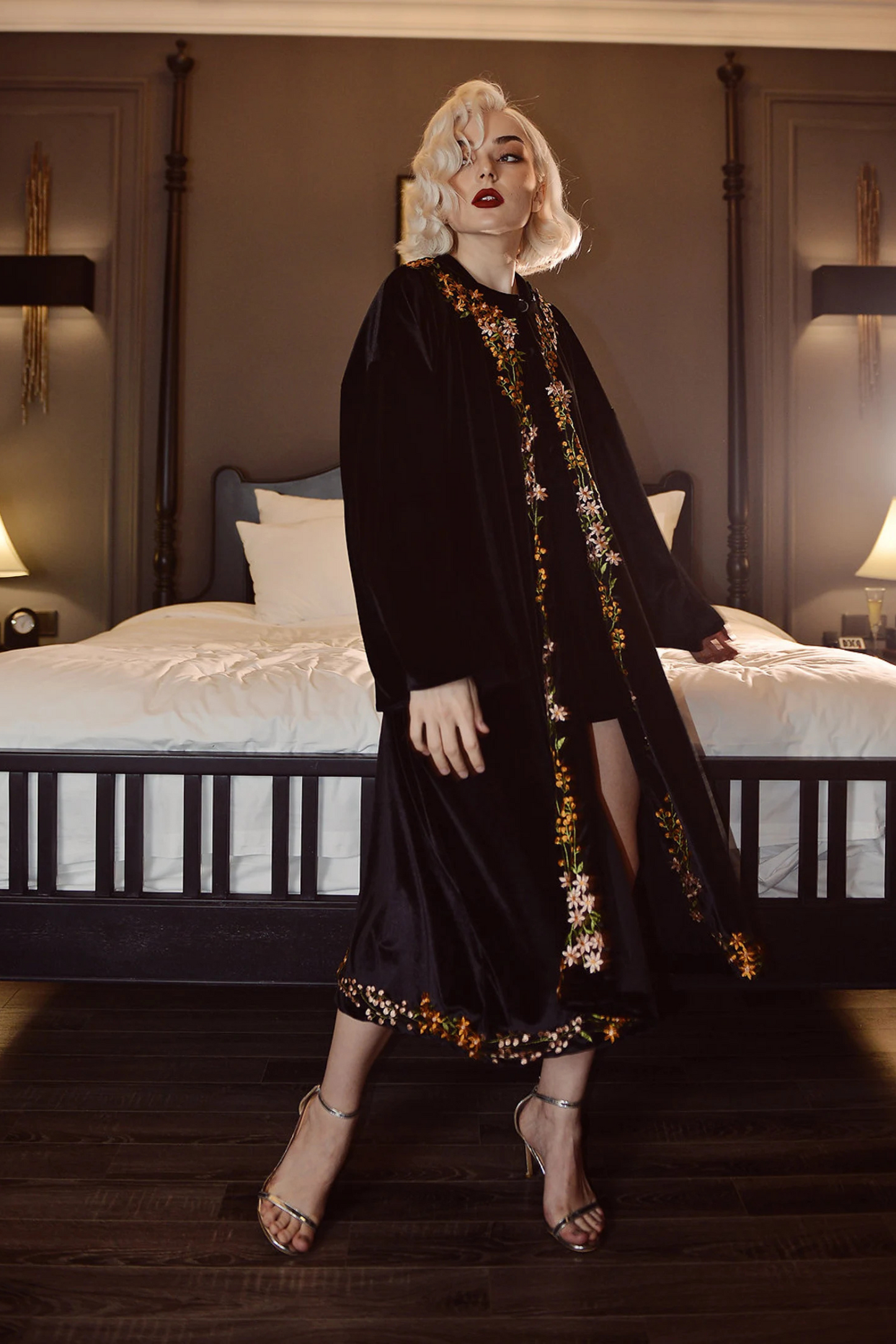 ALEXIS Flower Embroidered Velvet Robe