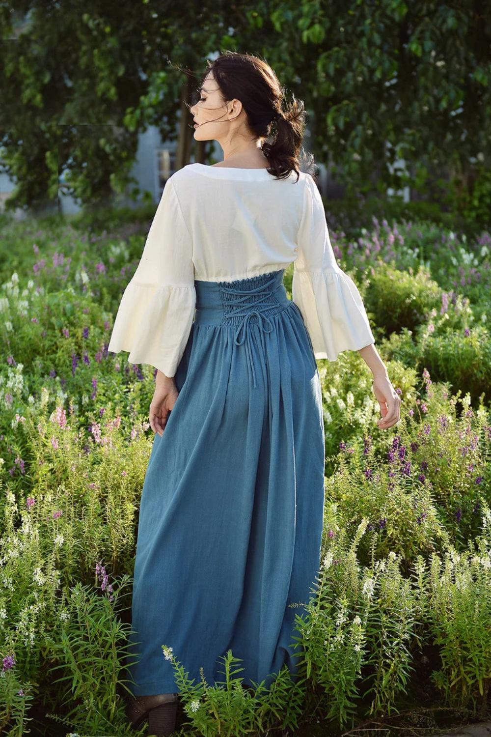 Bohemian Linen Maxi Skirt with Elastic Waist