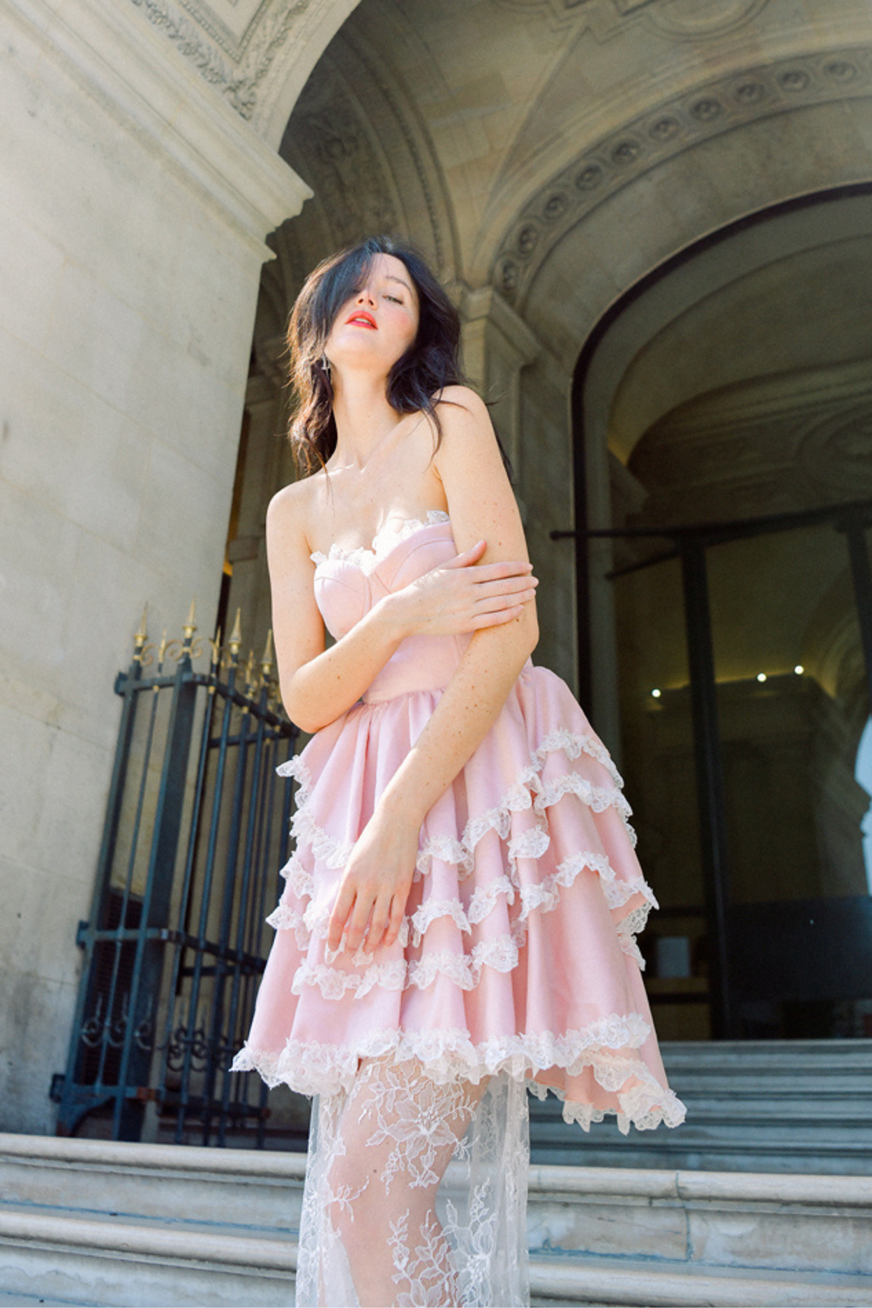 Galette Pink Silk Corset Lace Gown Boho Wedding Dress