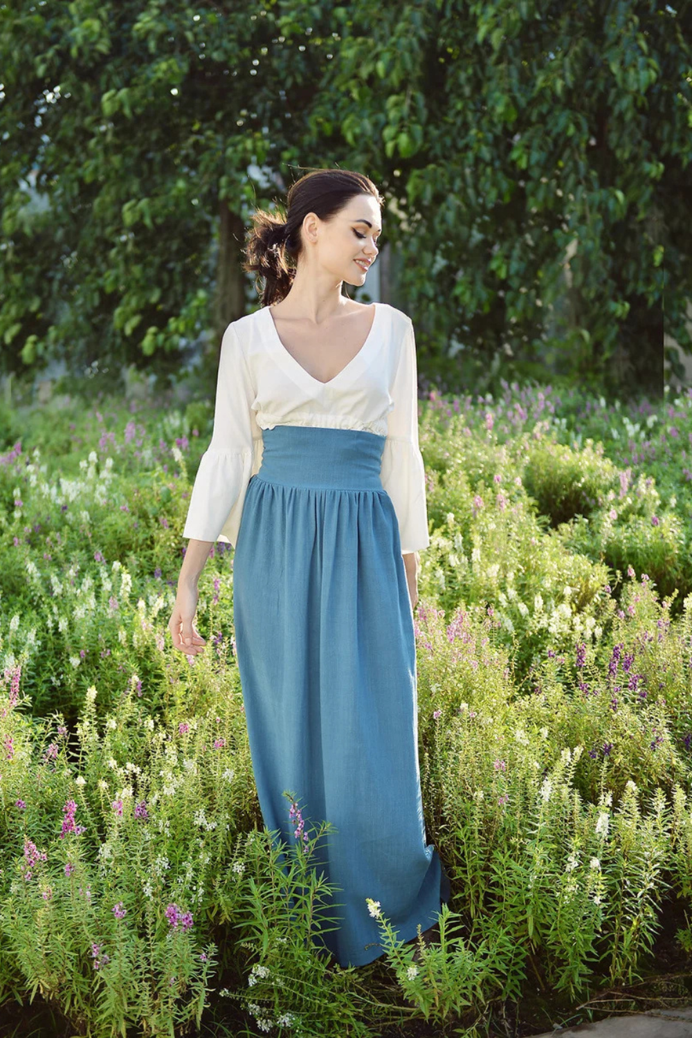 Bohemian Linen Maxi Skirt with Elastic Waist