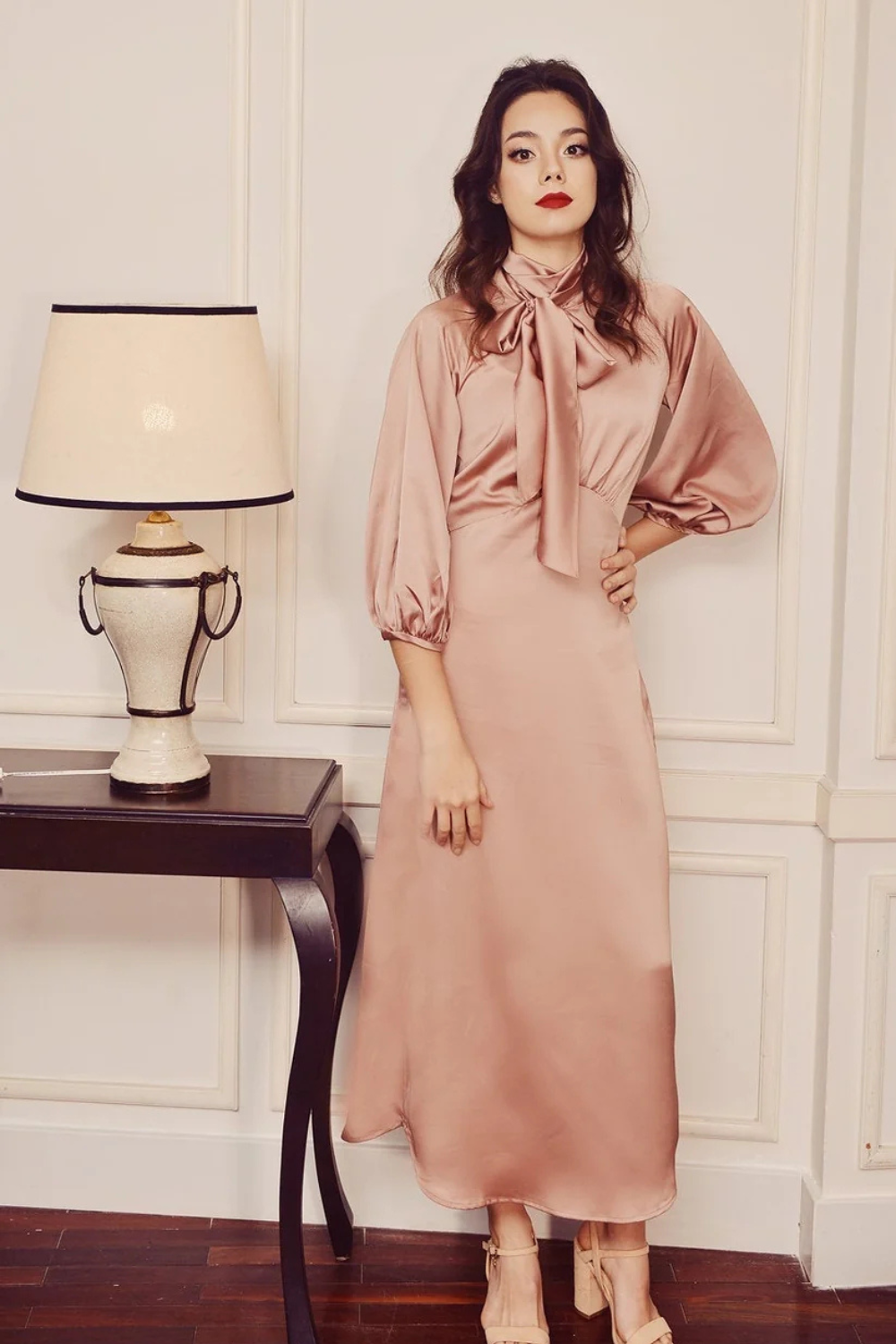 Vintage Silk Midi Dress with Statement Bow
