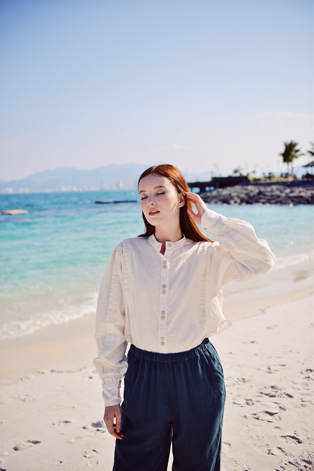 Pure Flax Linen Long Sleeves Shirt with Mandarin Collar