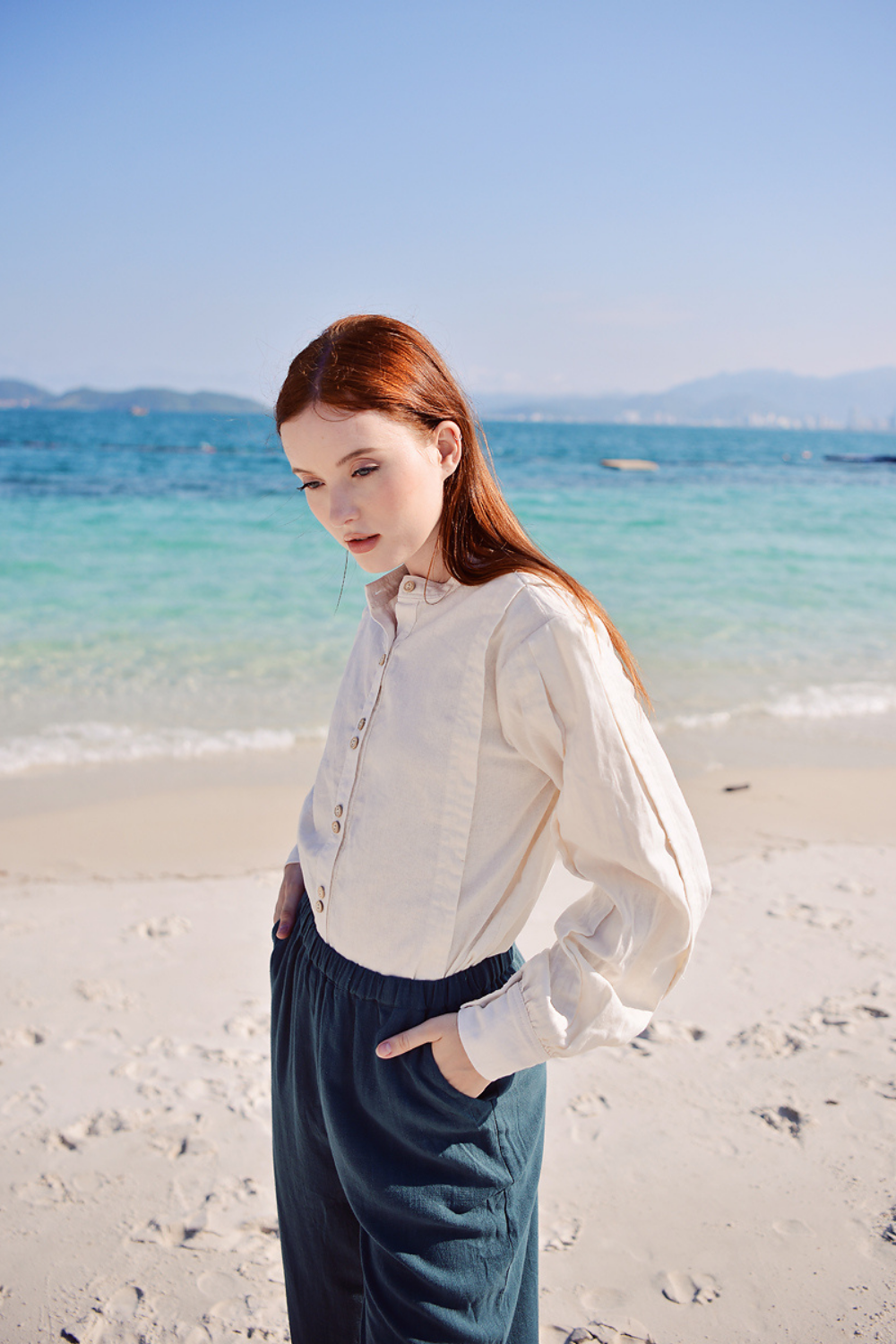 Pure Flax Linen Long Sleeves Shirt with Mandarin Collar