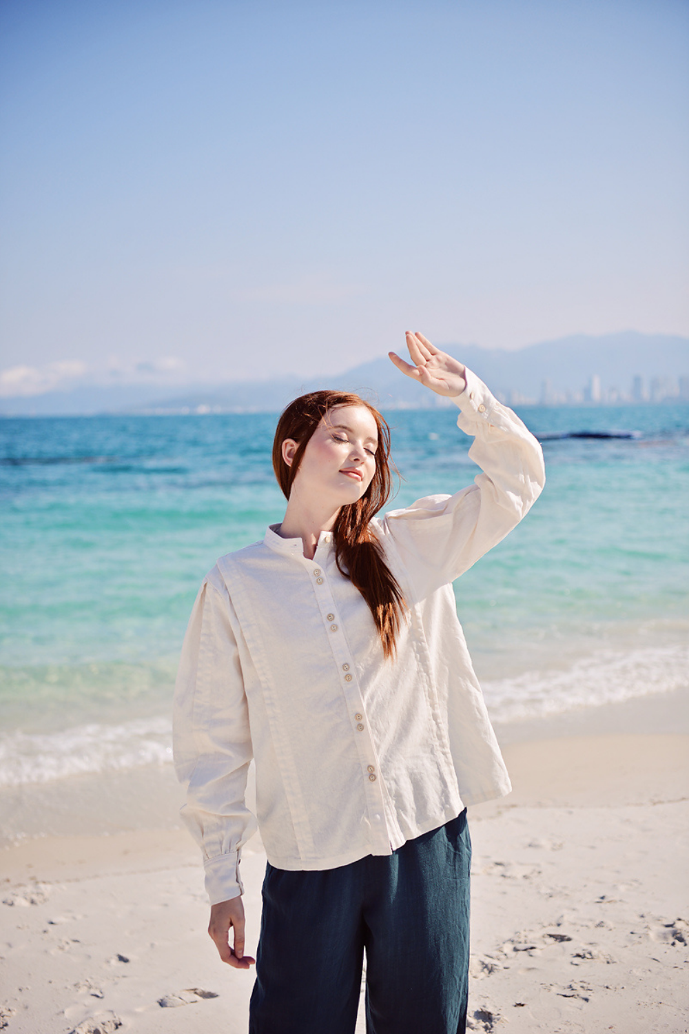 Pure Flax Linen Long Sleeves Shirt with Mandarin Collar