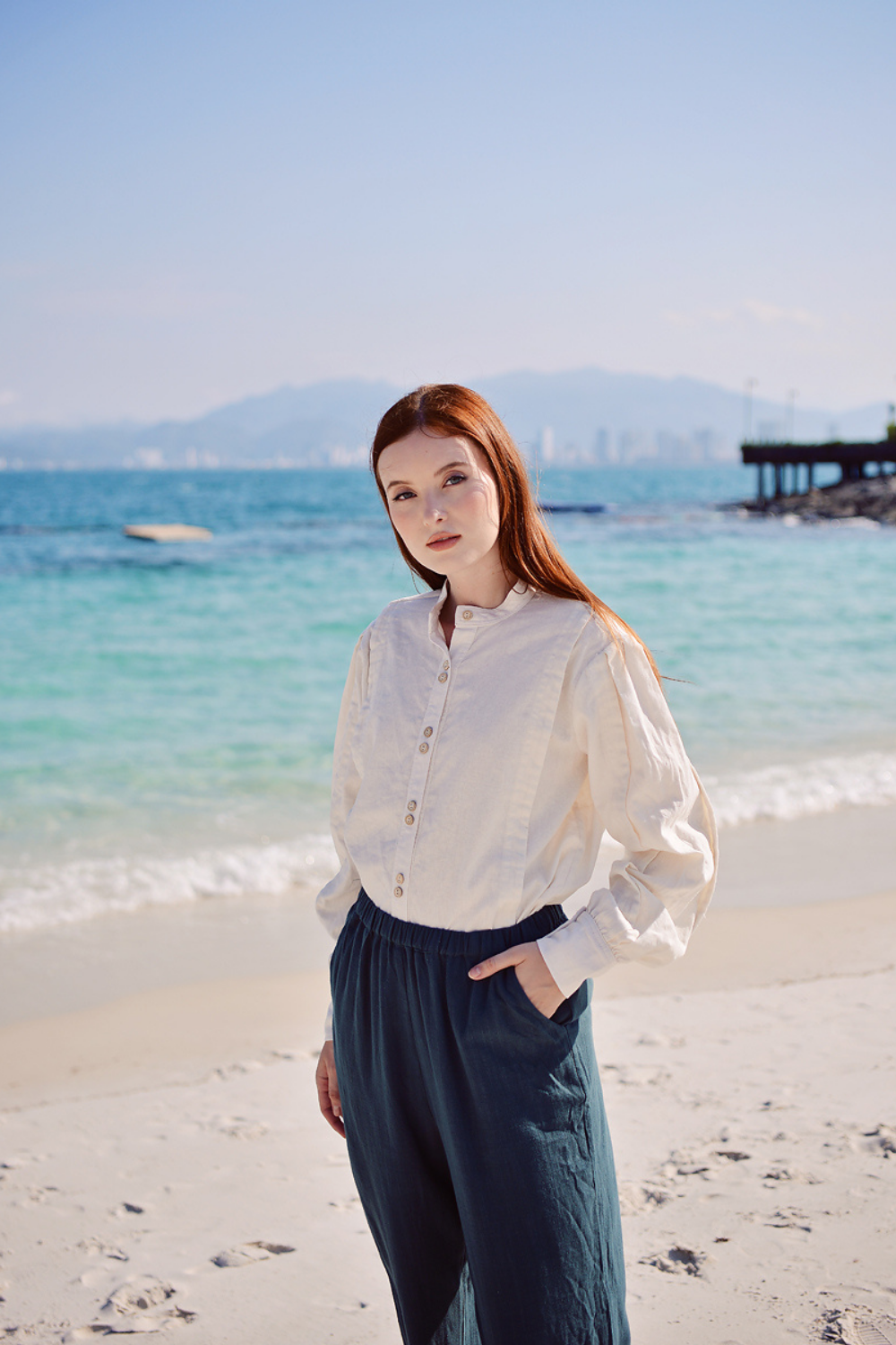 Pure Flax Linen Long Sleeves Shirt with Mandarin Collar
