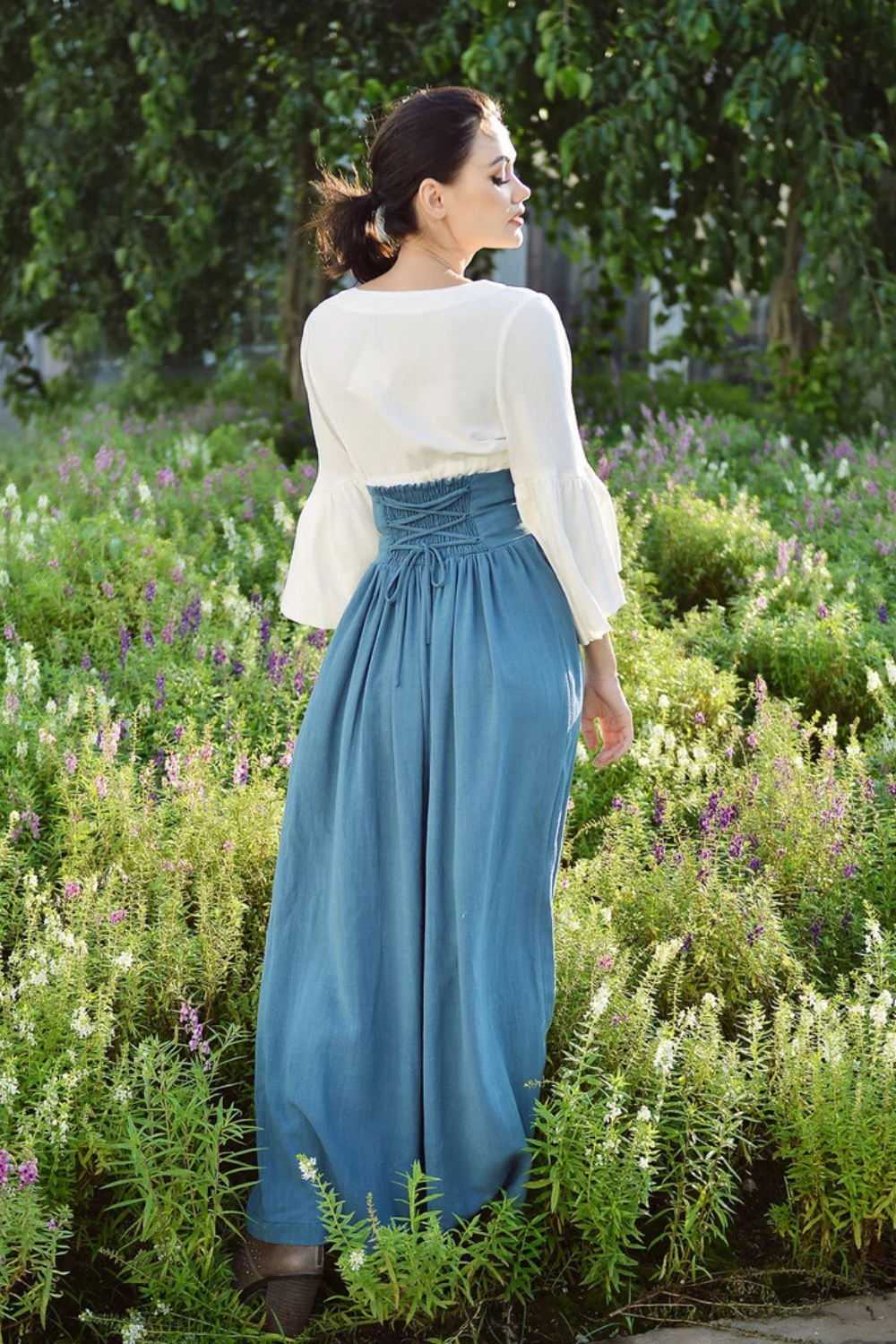 Bohemian Linen Maxi Skirt with Elastic Waist