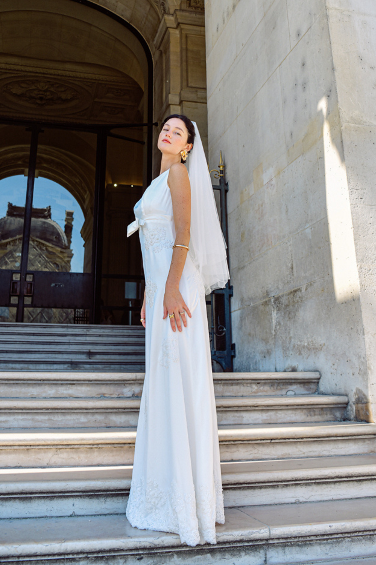 Ìnes Charmeuse Silk Wedding Dress with Bow and Embellishment