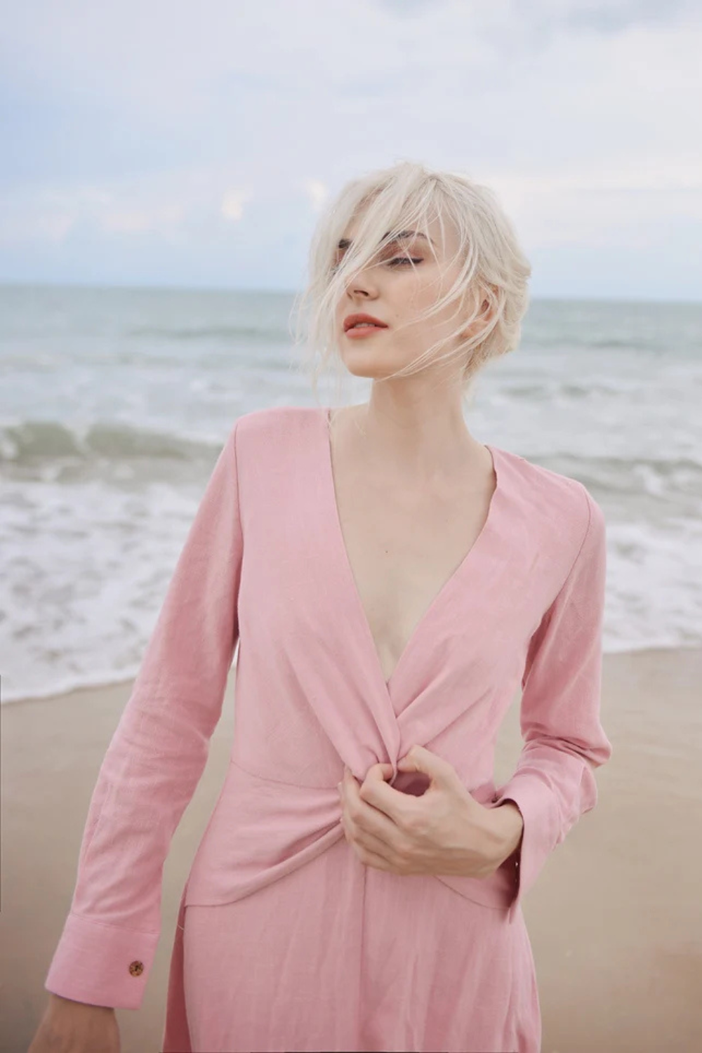 Twist Front Linen Dress - Linen Summer Clothing - Cotton Midi Tunic Dress