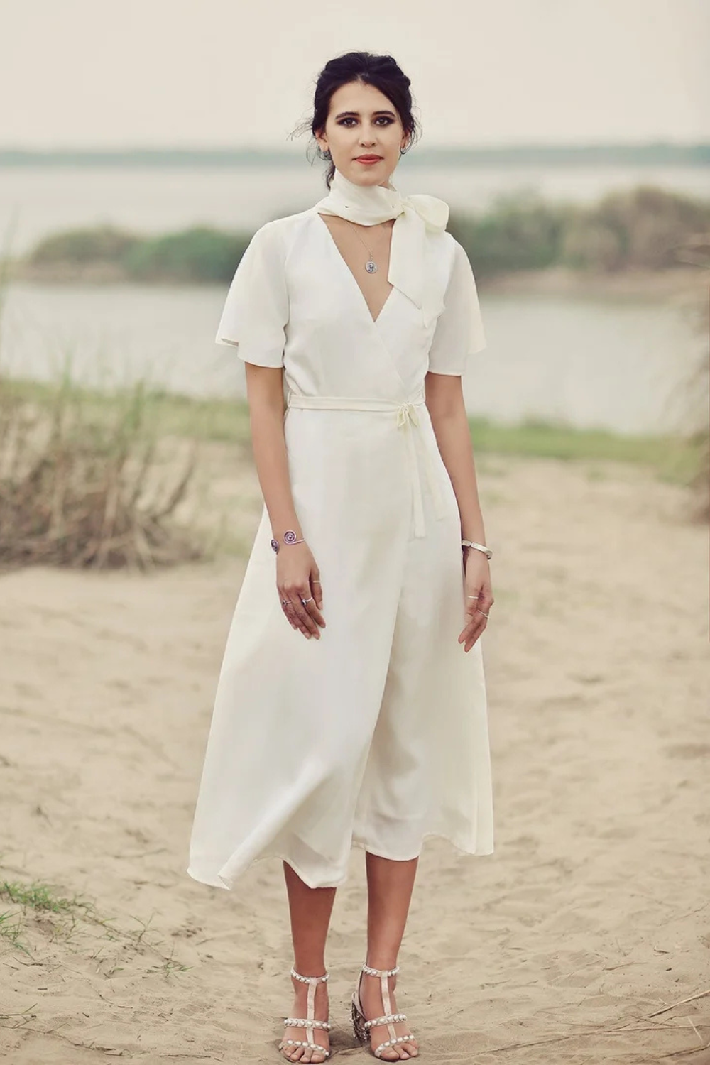 Midi Silk Dress with Neck Tie
