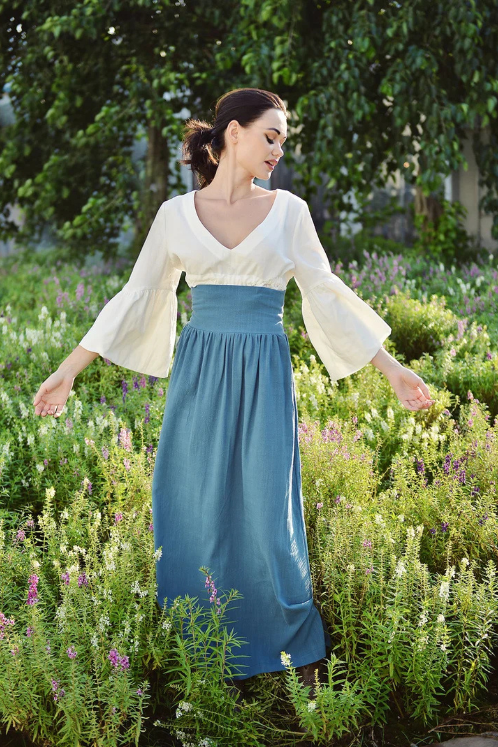 Bohemian Linen Maxi Skirt with Elastic Waist
