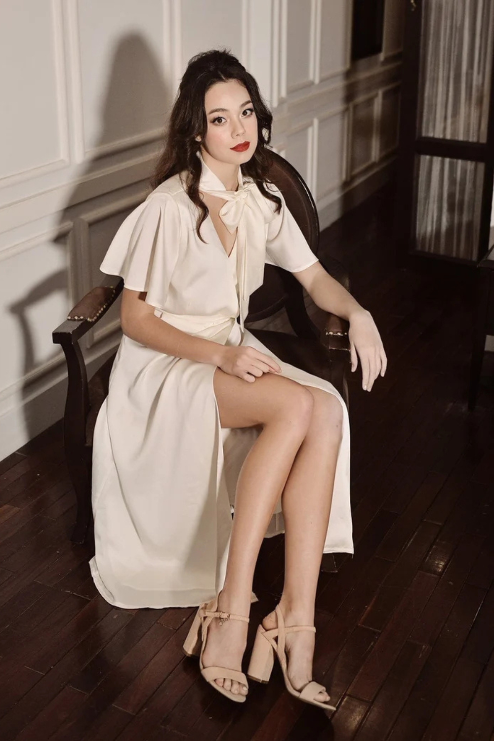Midi Silk Dress with Neck Tie