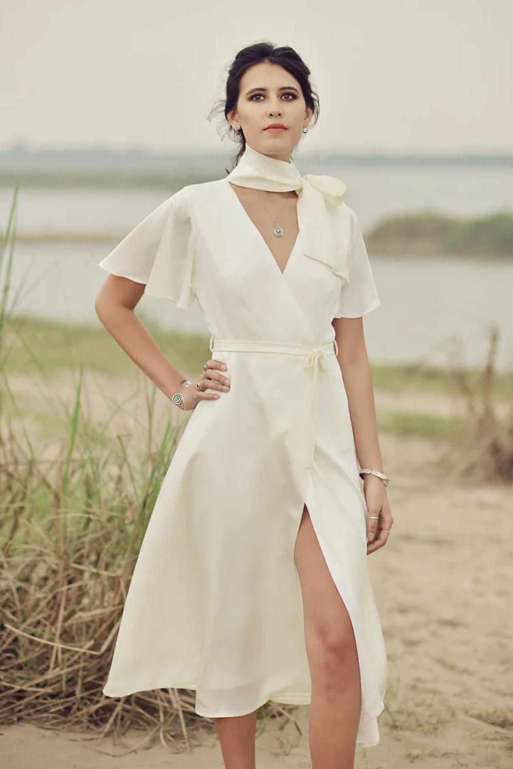 Midi Silk Dress with Neck Tie
