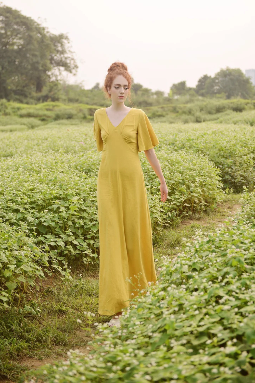 Long Cotton Dress - Gold Dress - Dress for Women - Summer Dress - Comfy FloorLength Dress - Natural Fabric
