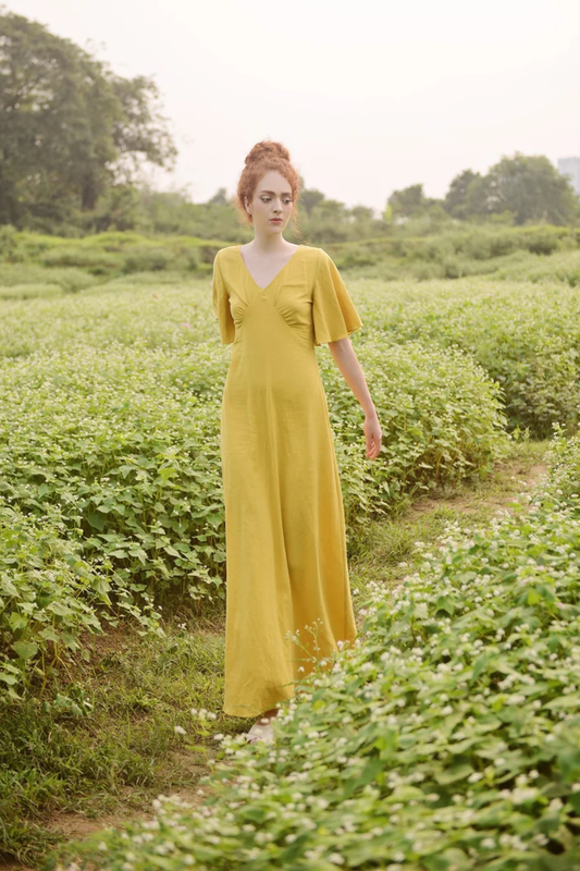Long Cotton Dress - Gold Dress - Dress for Women - Summer Dress - Comfy FloorLength Dress - Natural Fabric