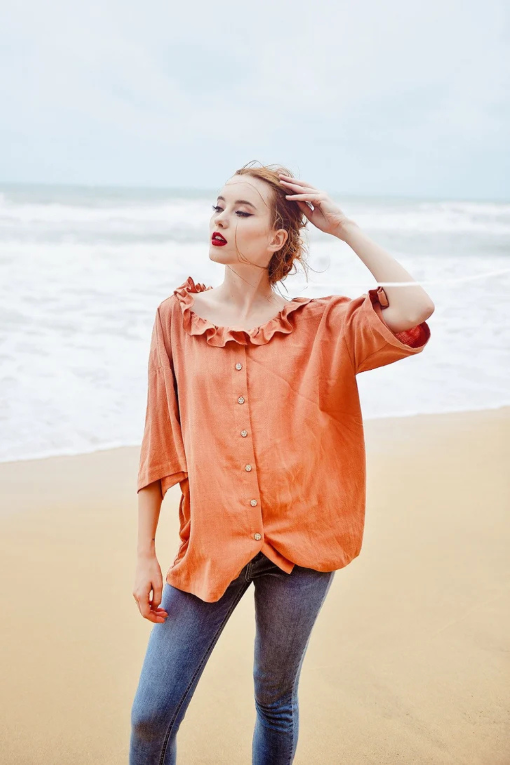 Victorian Inspired Linen Blouse with Ruffle Collar
