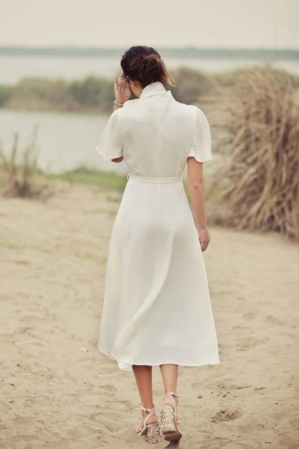 Midi Silk Dress with Neck Tie