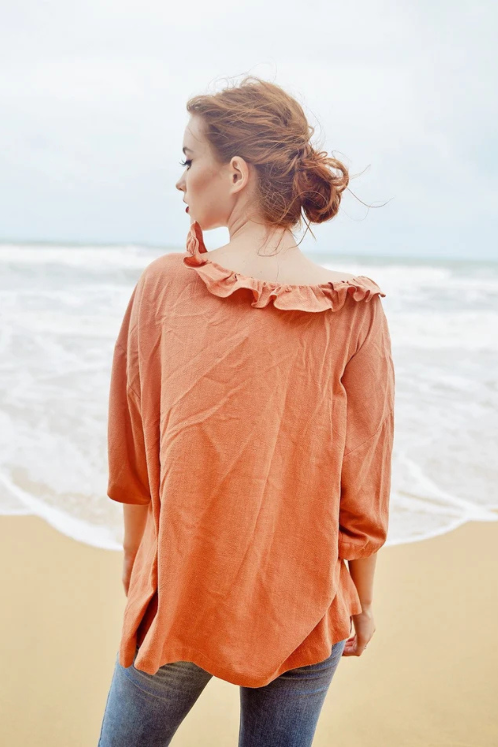 Victorian Inspired Linen Blouse with Ruffle Collar