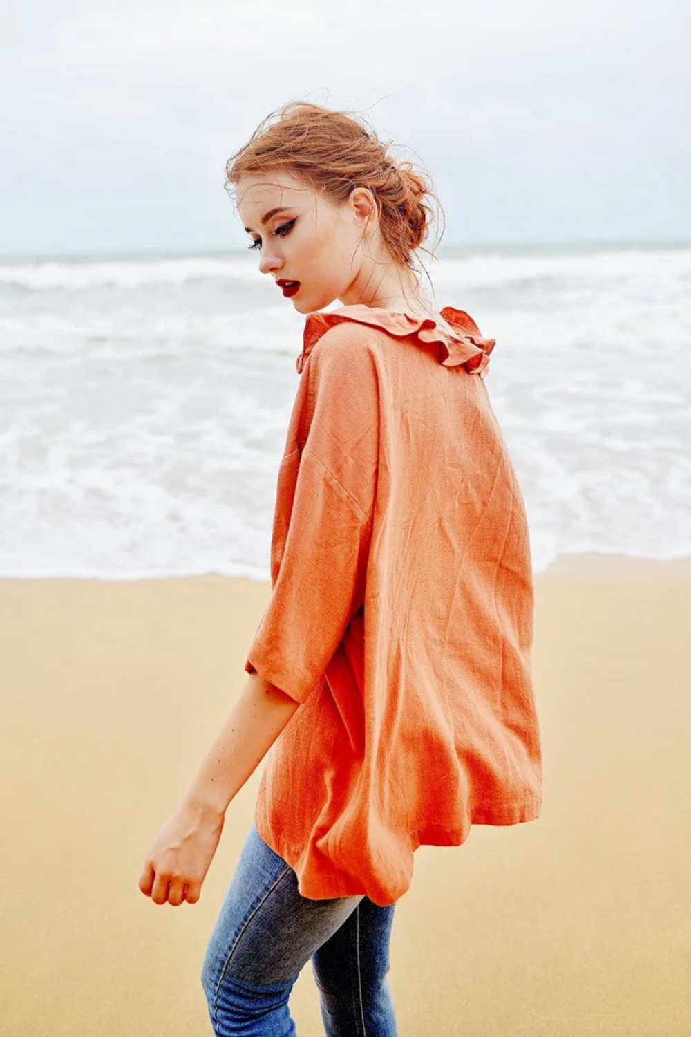Victorian Inspired Linen Blouse with Ruffle Collar