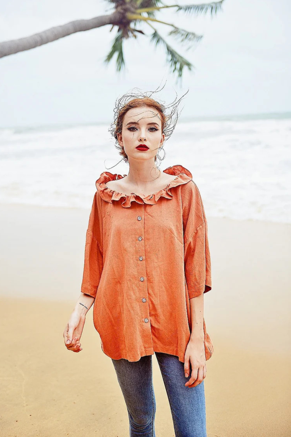 Victorian Inspired Linen Blouse with Ruffle Collar