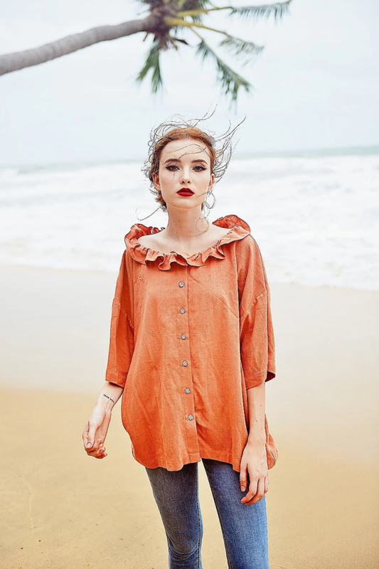 Victorian Inspired Linen Blouse with Ruffle Collar