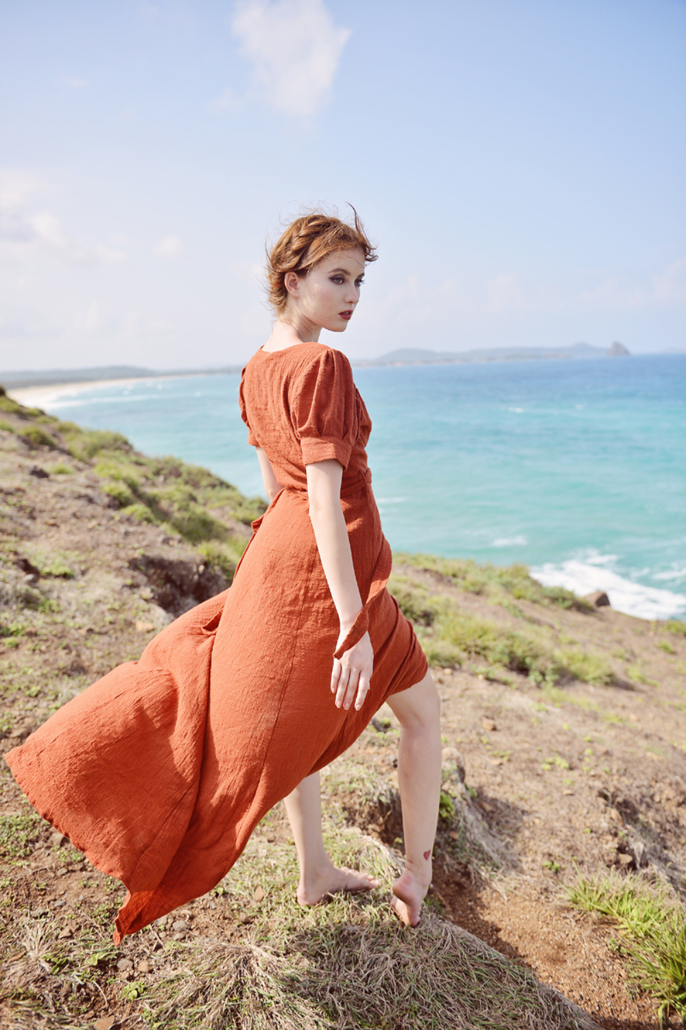 SOPHIE Linen Gauze Wrap Midi Dress with Short Sleeves