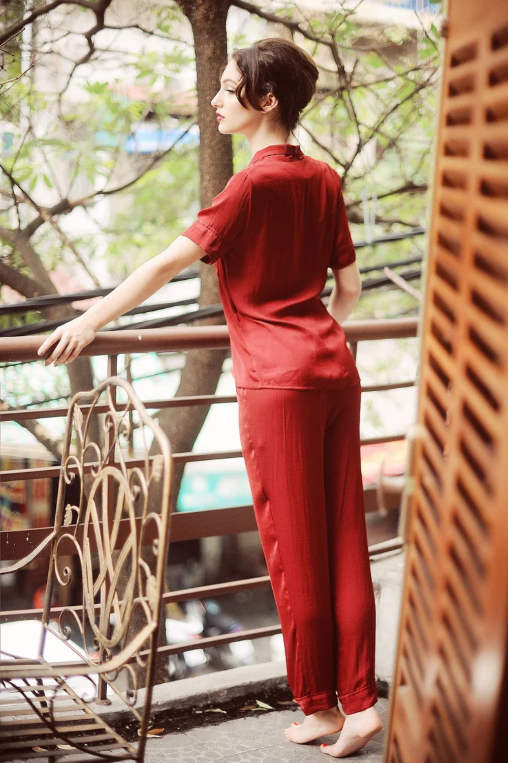 Short Sleeve Silk Pajamas Set Women
