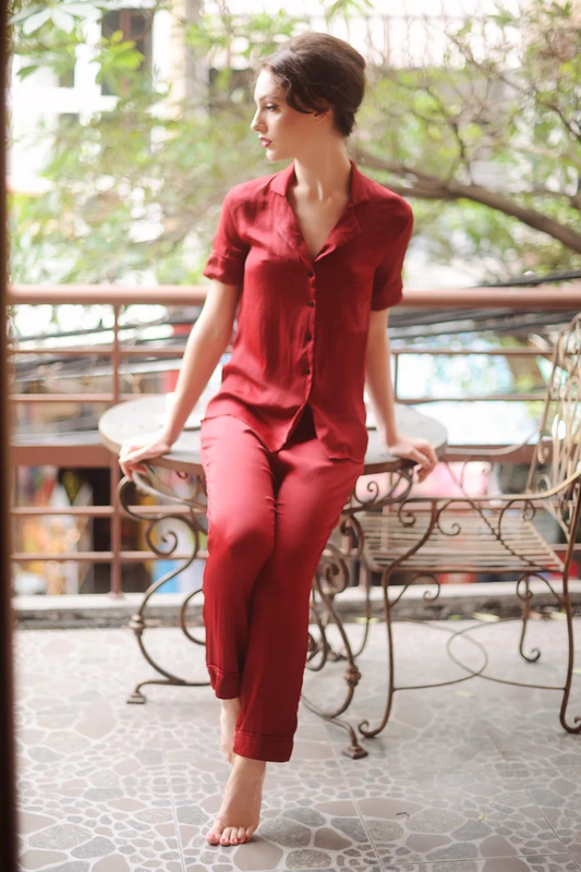 Silk Pajamas Women - Women Burgundy Pajamas - Silk Sleep Sets - Lelasilk
