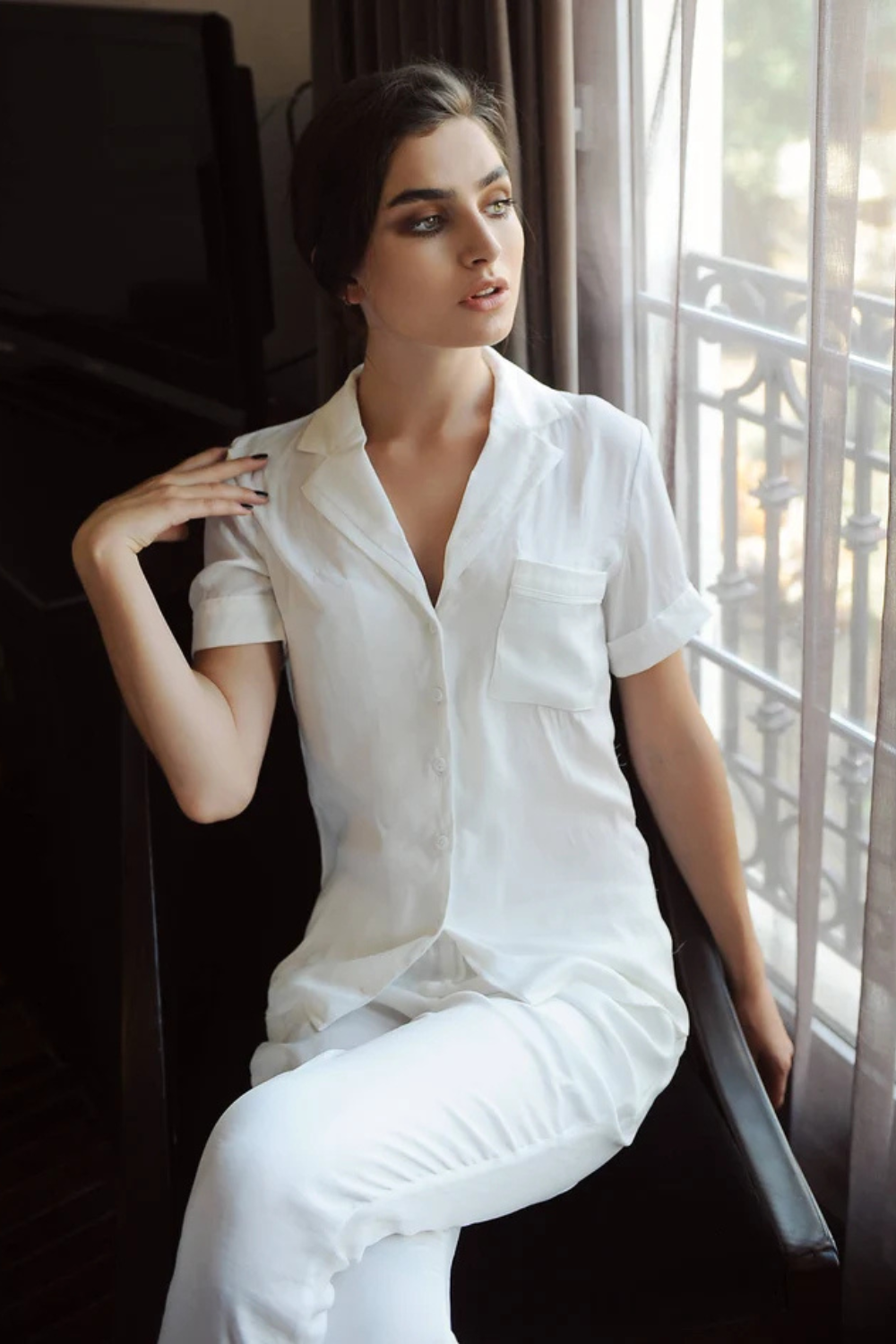 Short Sleeve Silk Pajamas Set Women