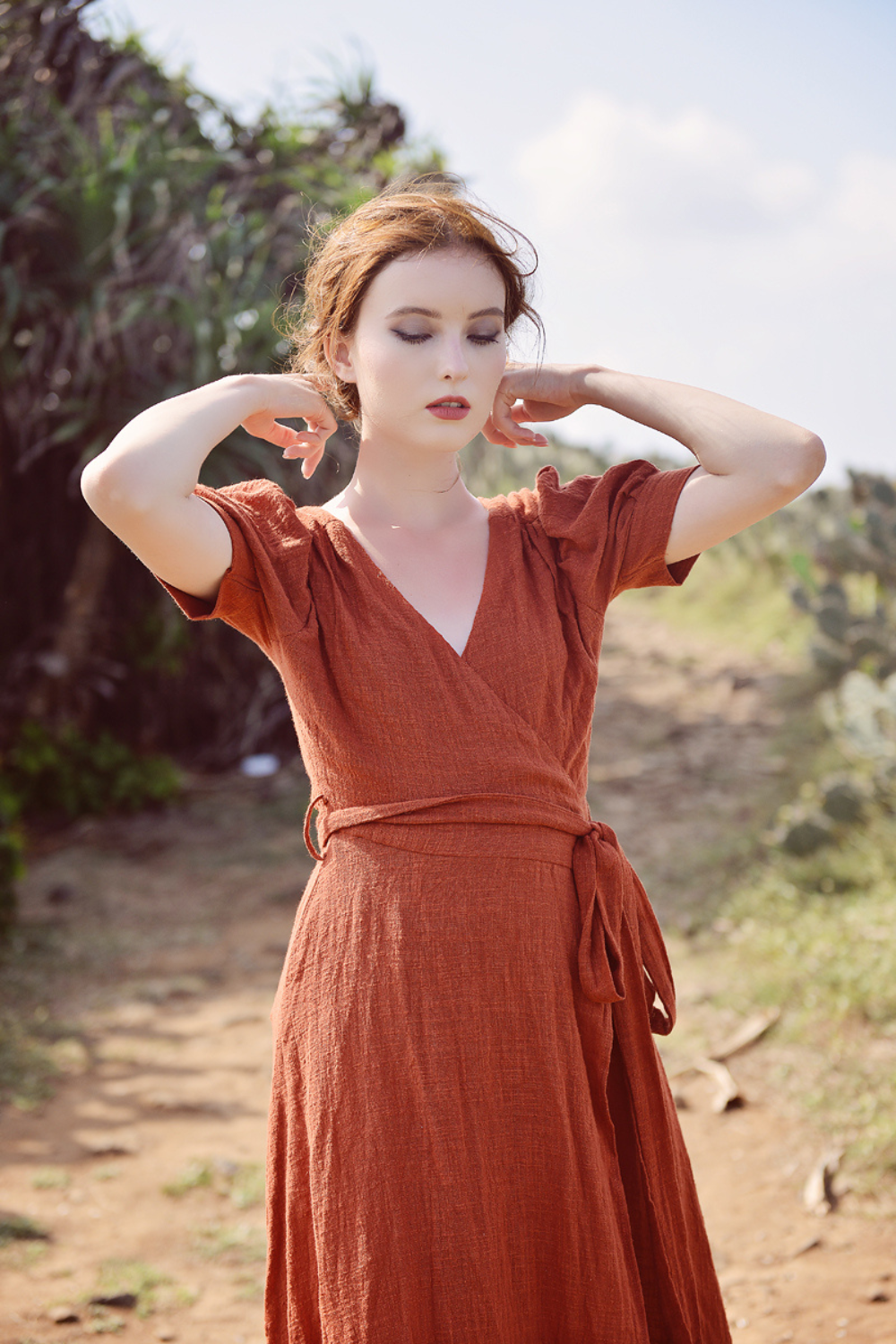 SOPHIE Linen Gauze Wrap Midi Dress with Short Sleeves