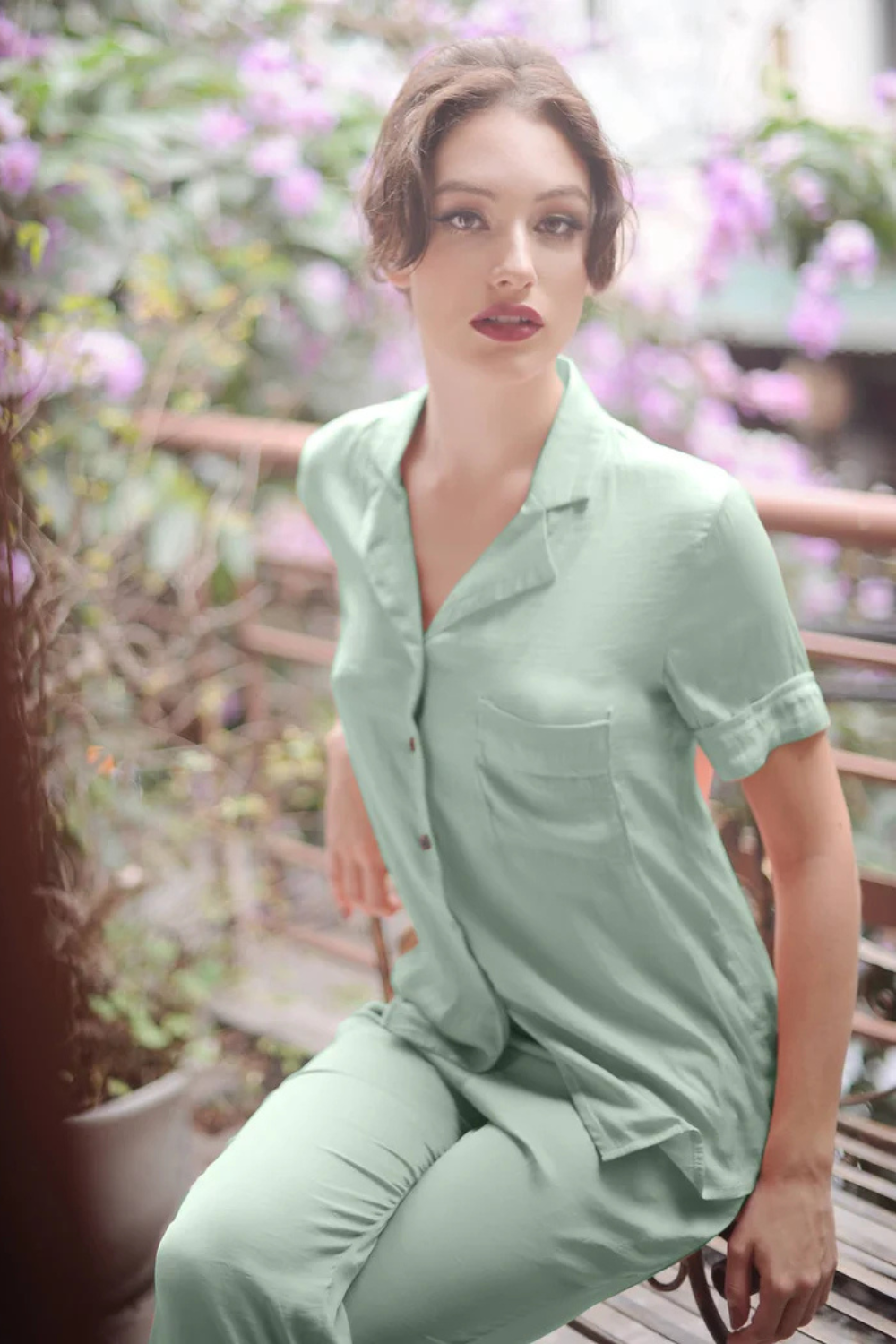 Short Sleeve Silk Pajamas Set Women