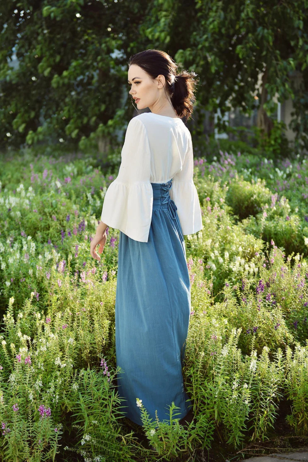 Bohemian Linen Maxi Skirt with Elastic Waist