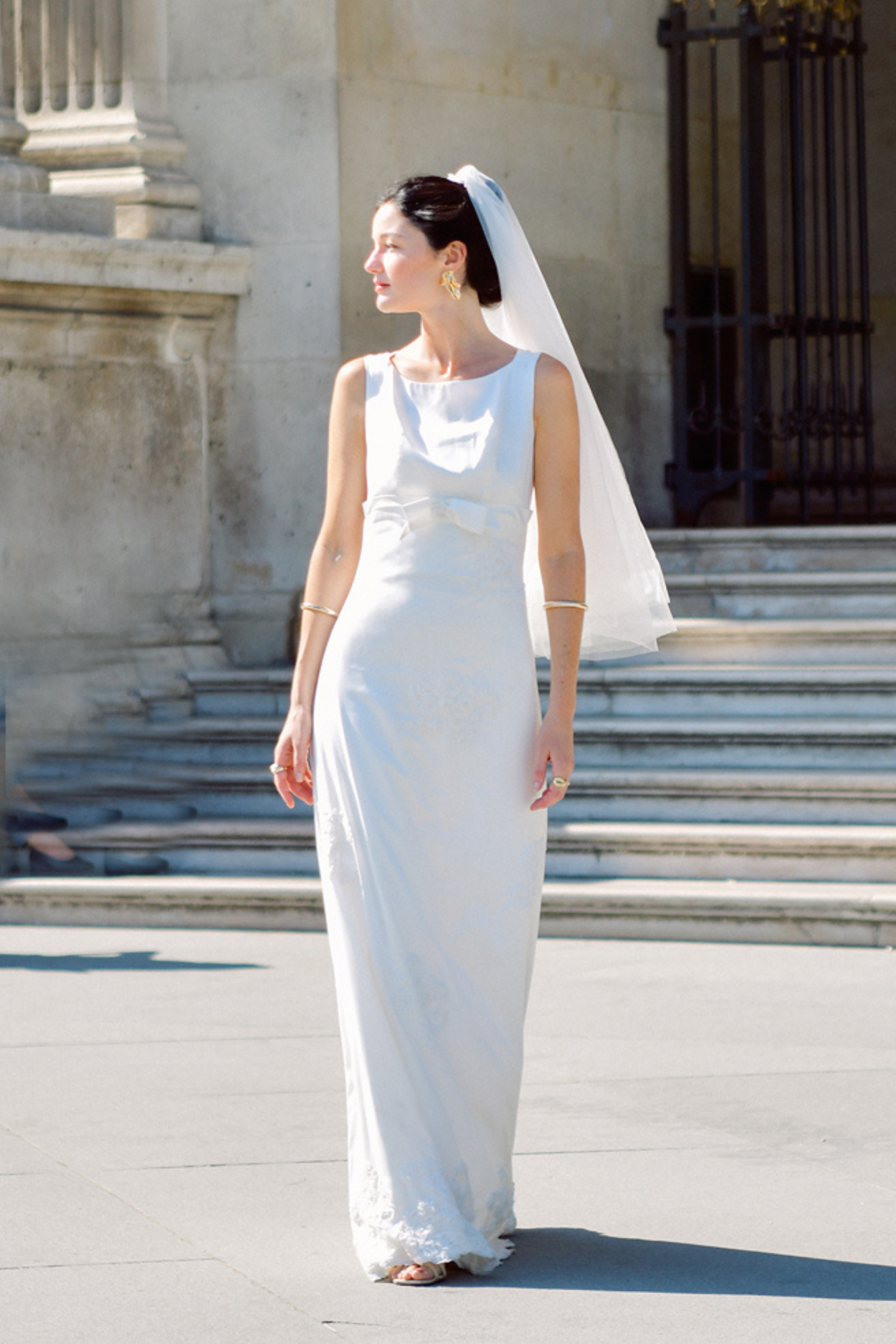 Ìnes Charmeuse Silk Wedding Dress with Bow and Embellishment