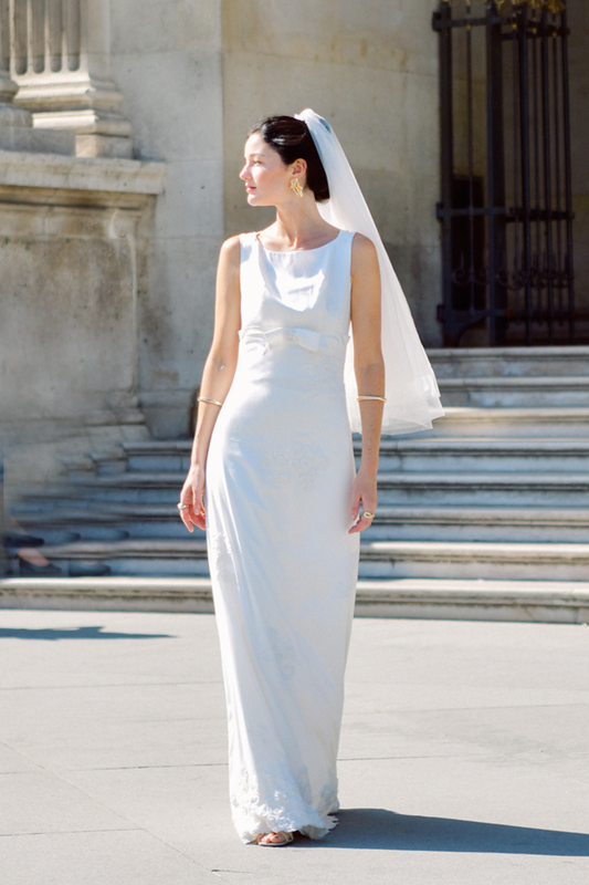 Ìnes Charmeuse Silk Wedding Dress with Bow and Embellishment