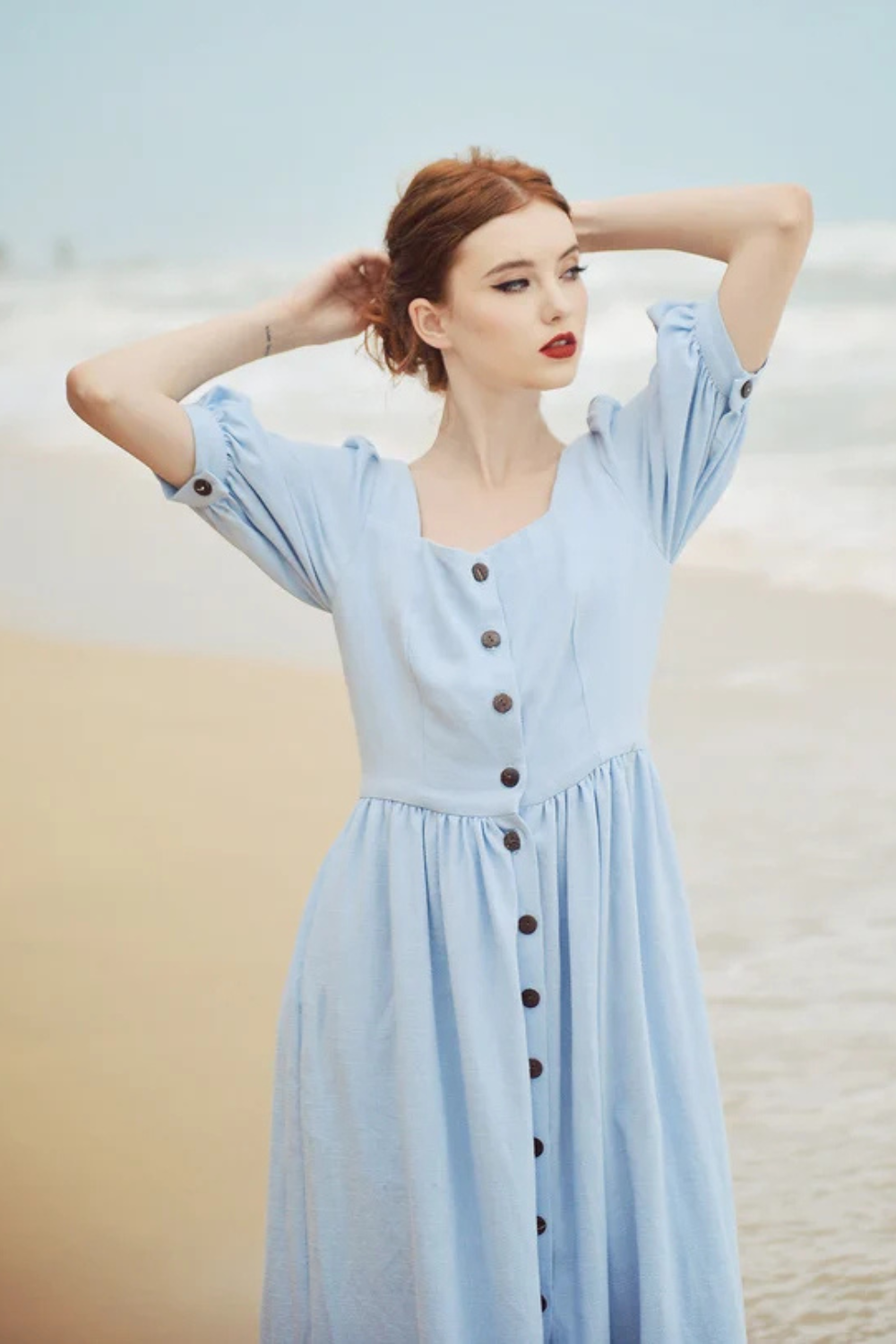 Linen Button Front Midi Dress with Pockets