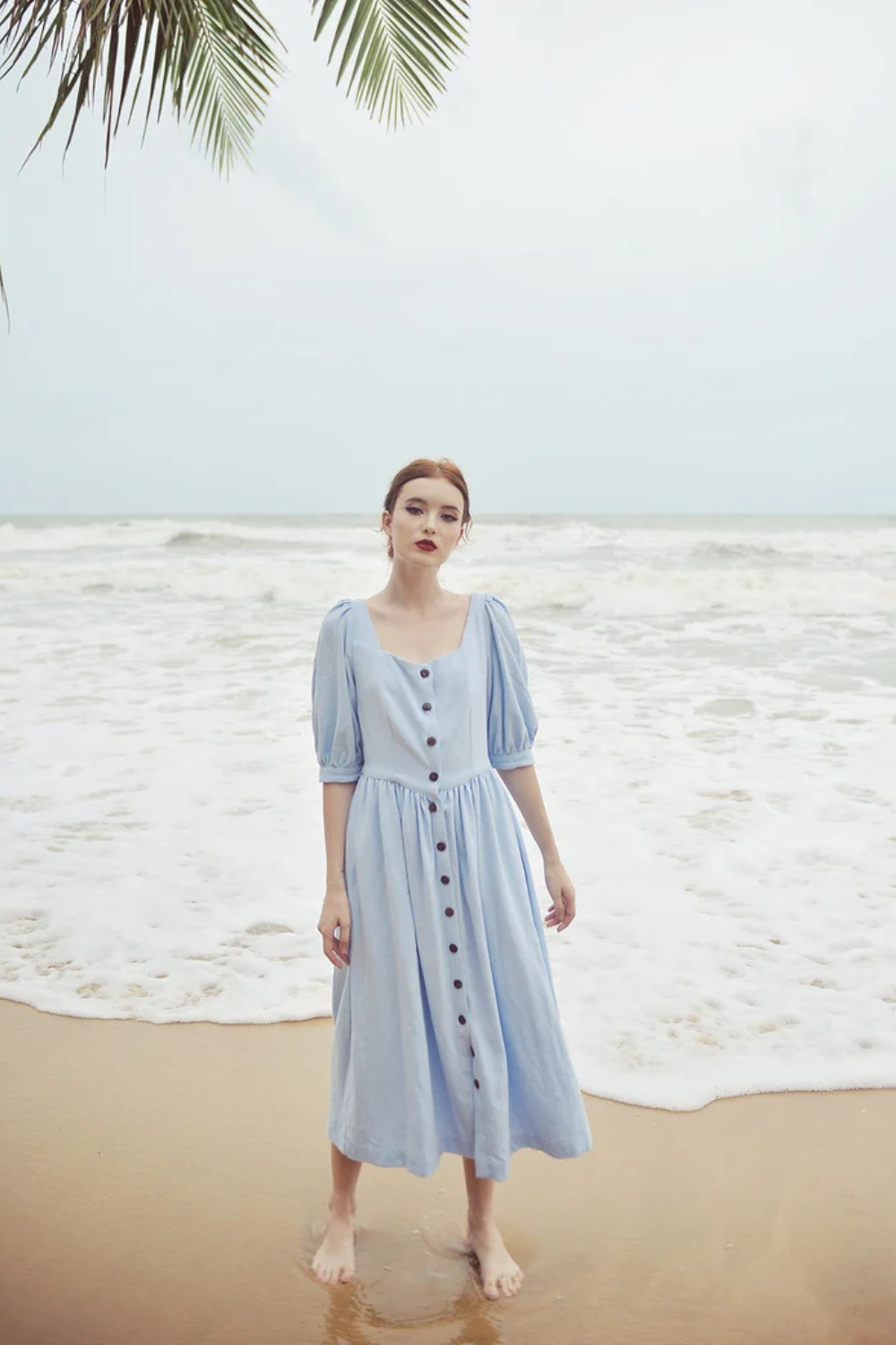 Linen Button Front Midi Dress with Pockets