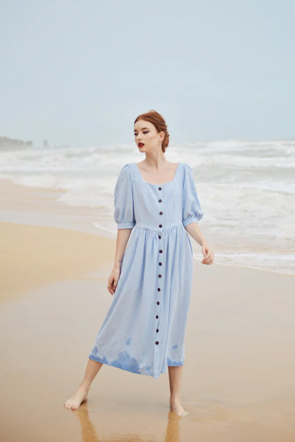 Linen Button Front Midi Dress with Pockets