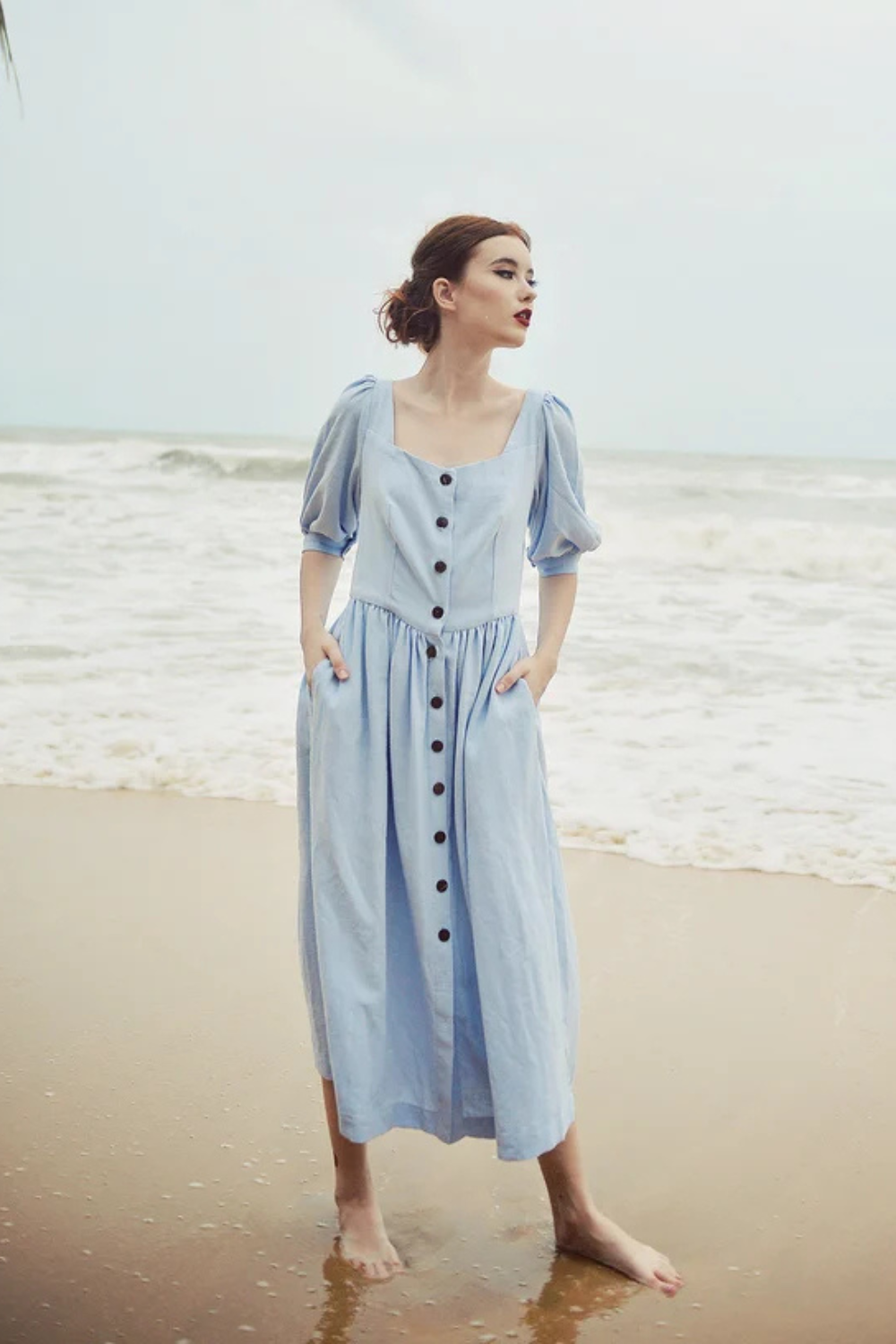 Linen Button Front Midi Dress with Pockets