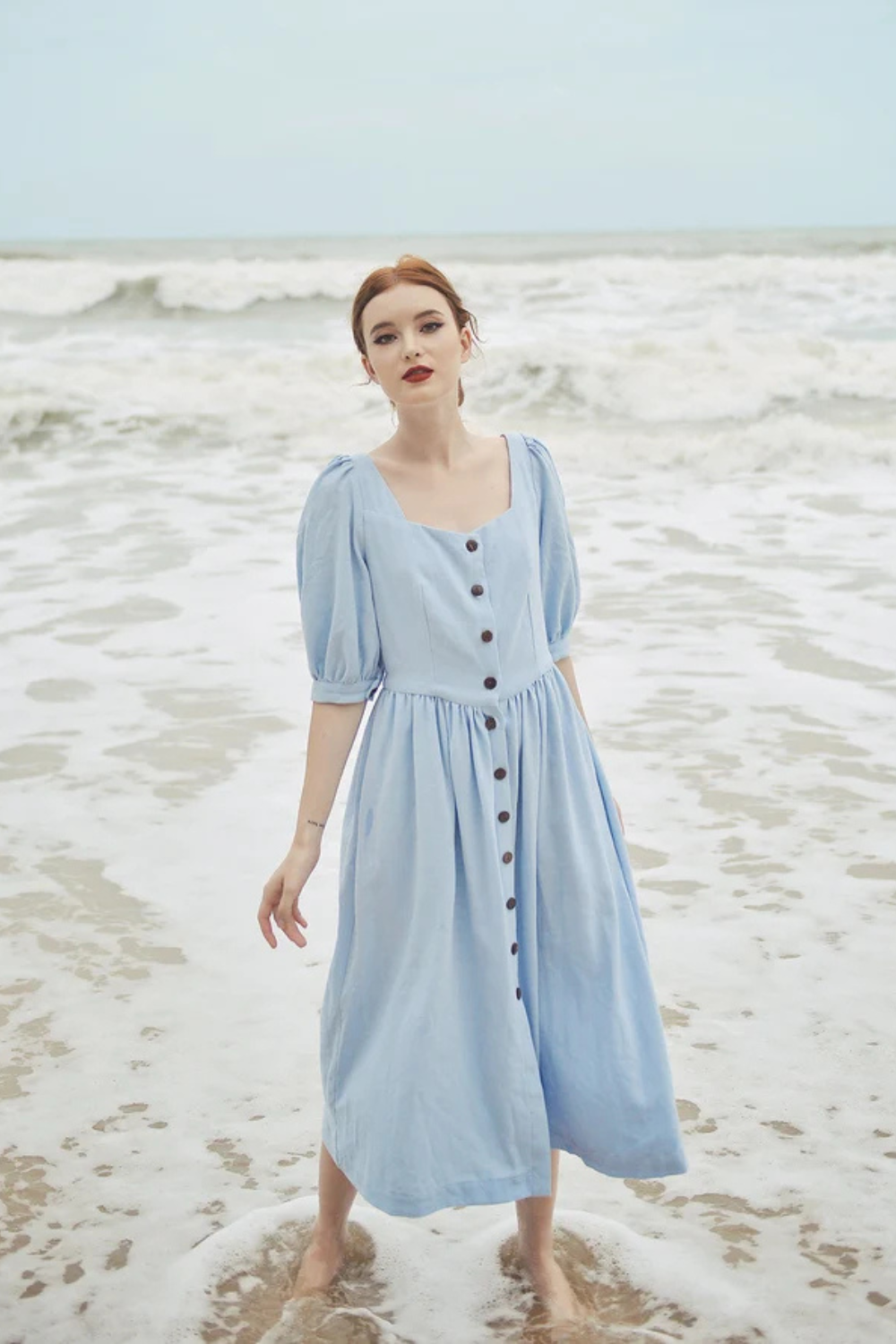 Linen Button Front Midi Dress with Pockets