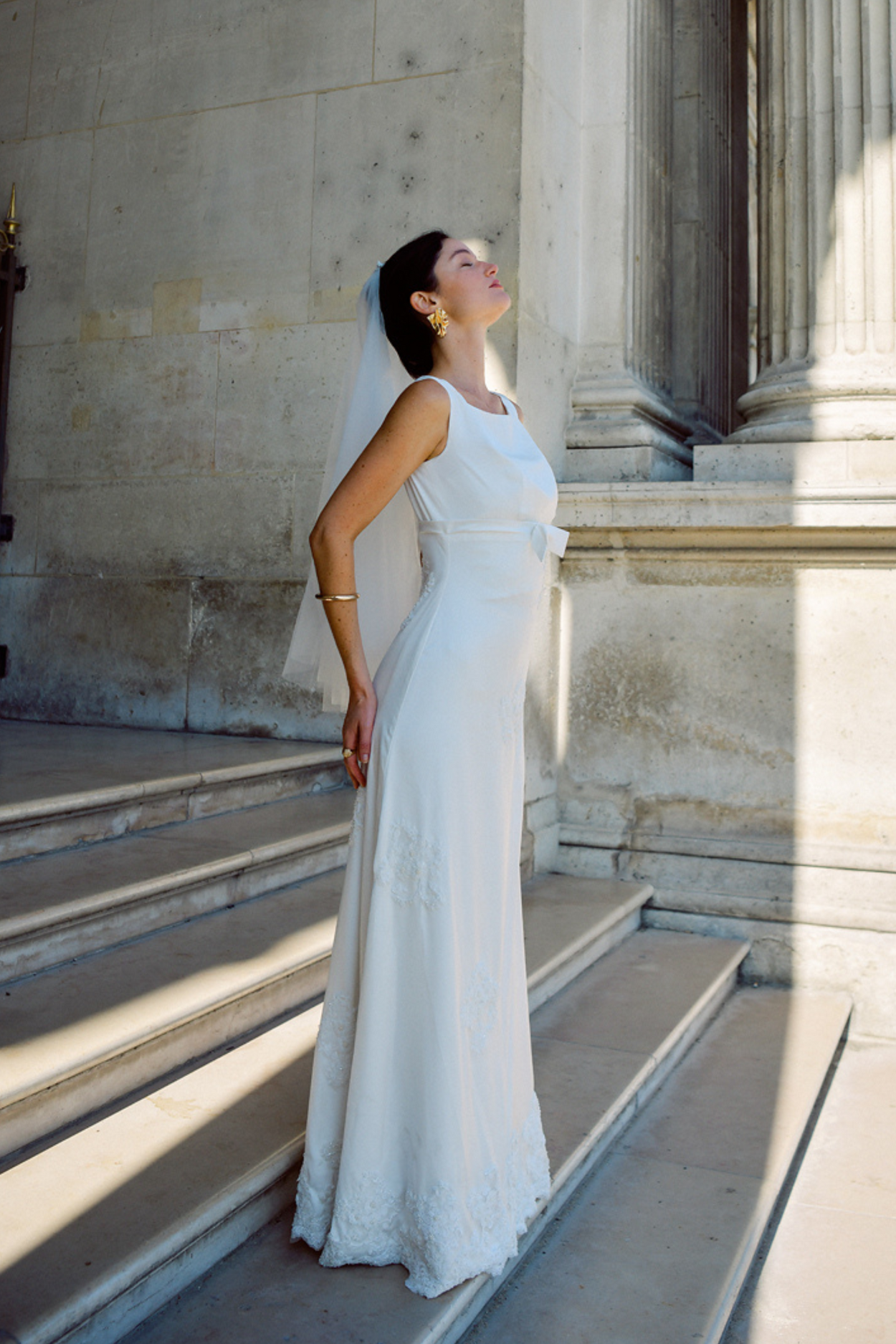 Ìnes Charmeuse Silk Wedding Dress with Bow and Embellishment