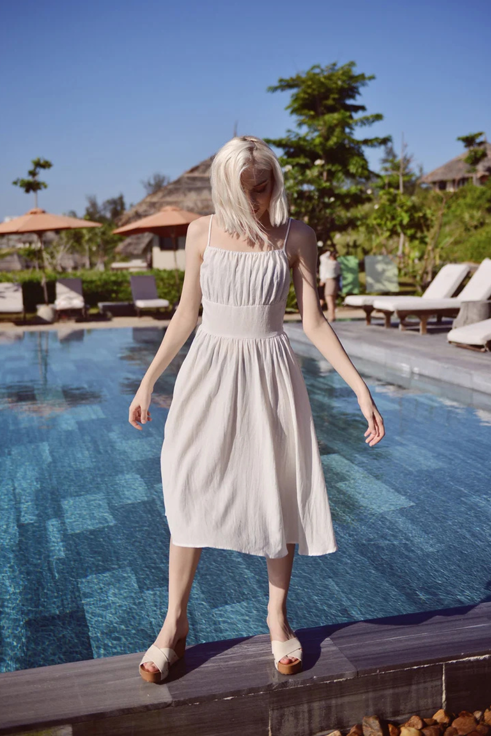 Cotton Linen Gathered Dress - Linen White Midi Dress - Vintage Style Dress - Retro Sundress Cotton
