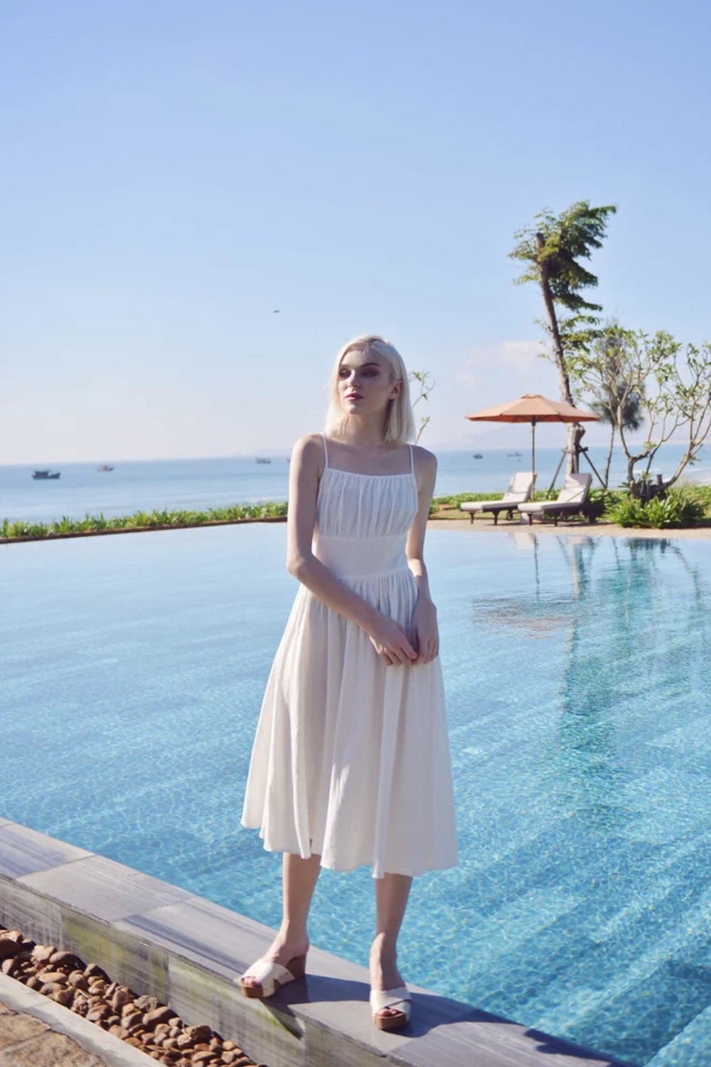 Cotton Linen Gathered Dress - Linen White Midi Dress - Vintage Style Dress - Retro Sundress Cotton