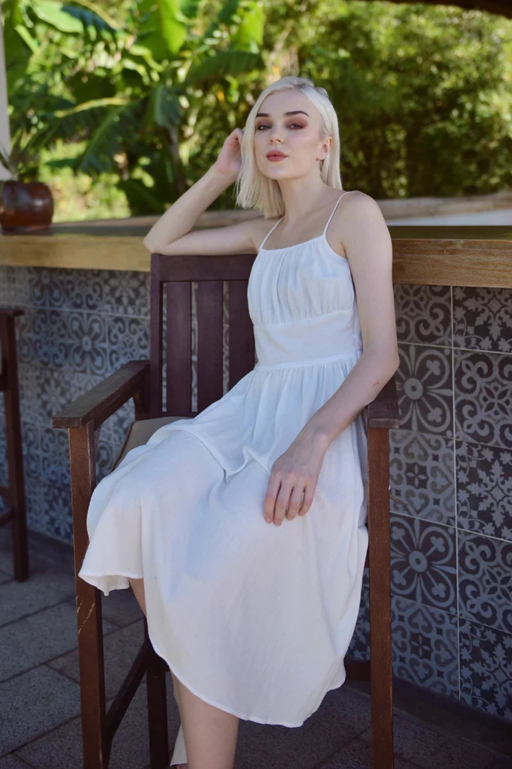 Cotton Linen Gathered Dress - Linen White Midi Dress - Vintage Style Dress - Retro Sundress Cotton