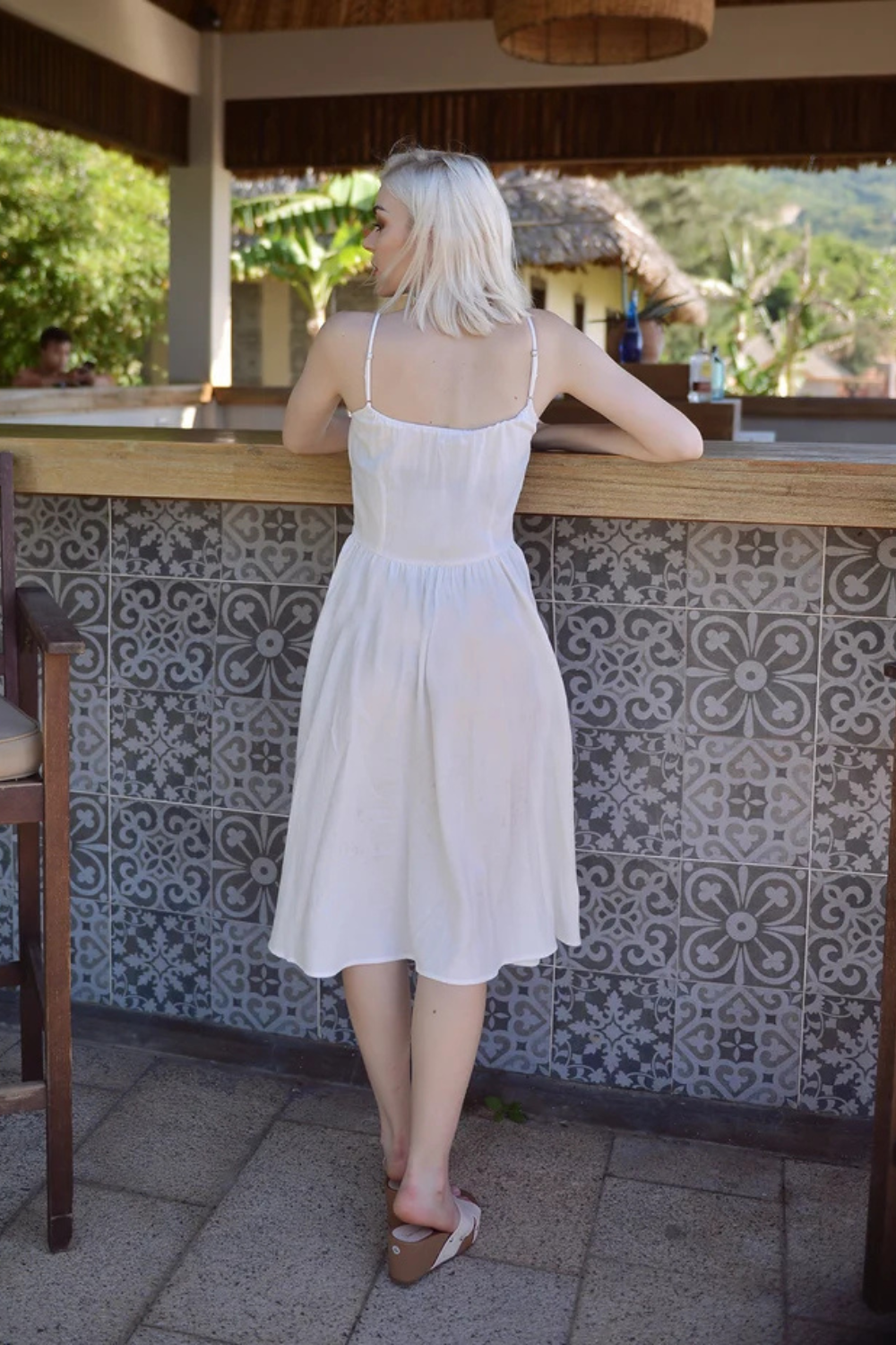 Cotton Linen Gathered Dress - Linen White Midi Dress - Vintage Style Dress - Retro Sundress Cotton
