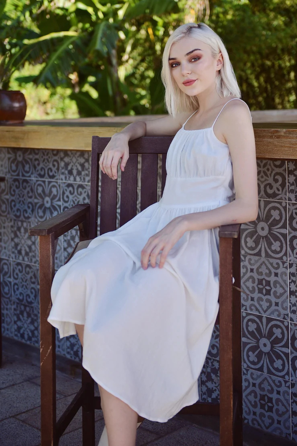 Cotton Linen Gathered Dress - Linen White Midi Dress - Vintage Style Dress - Retro Sundress Cotton
