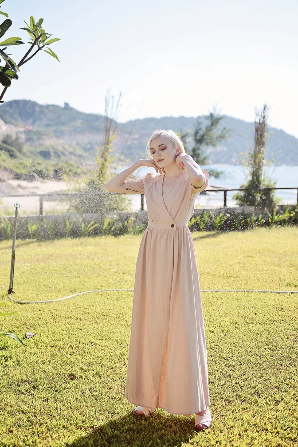 Organic Cotton Linen Wrap Maxi Dress with Sleeves
