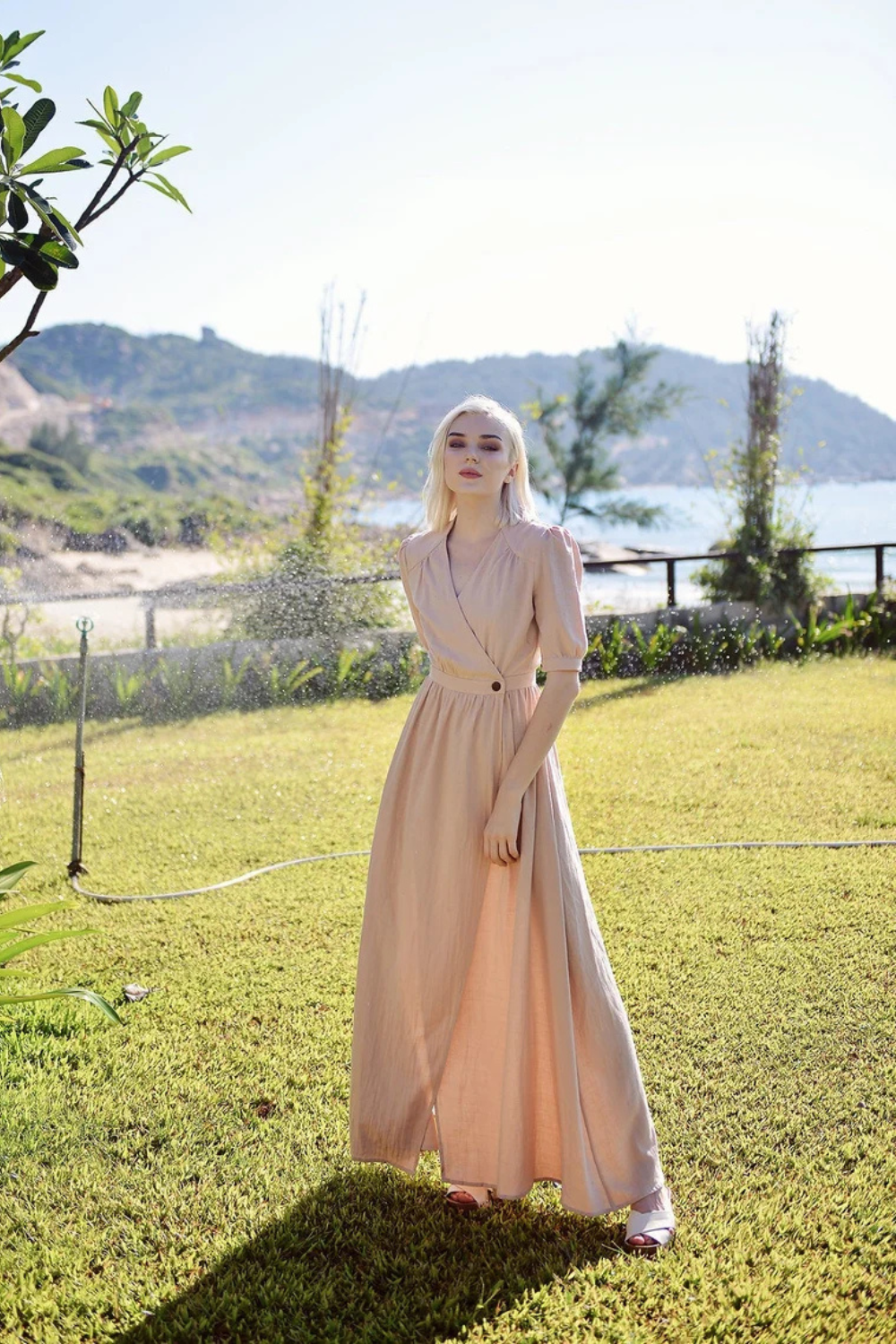 Organic Cotton Linen Wrap Maxi Dress with Sleeves