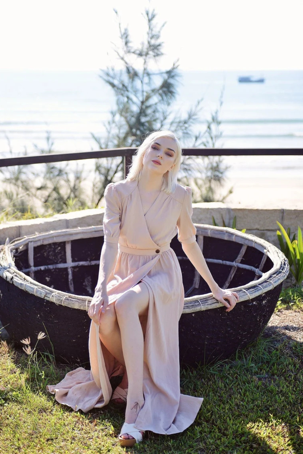 Organic Cotton Linen Wrap Maxi Dress with Sleeves