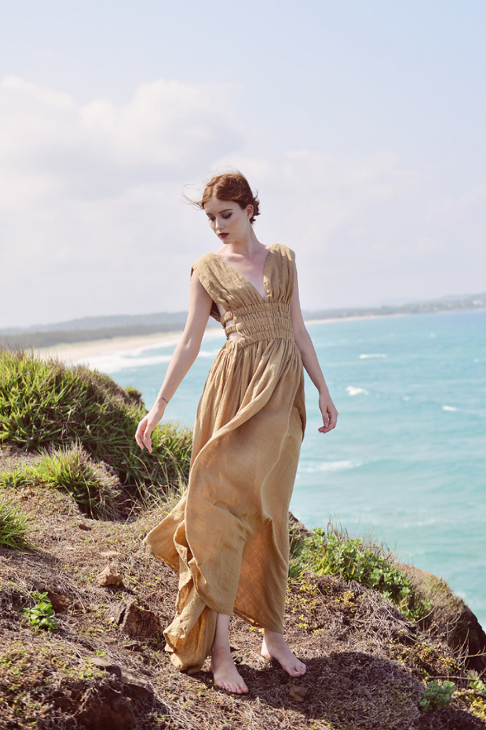 V-neck Linen Gauze Maxi Dress