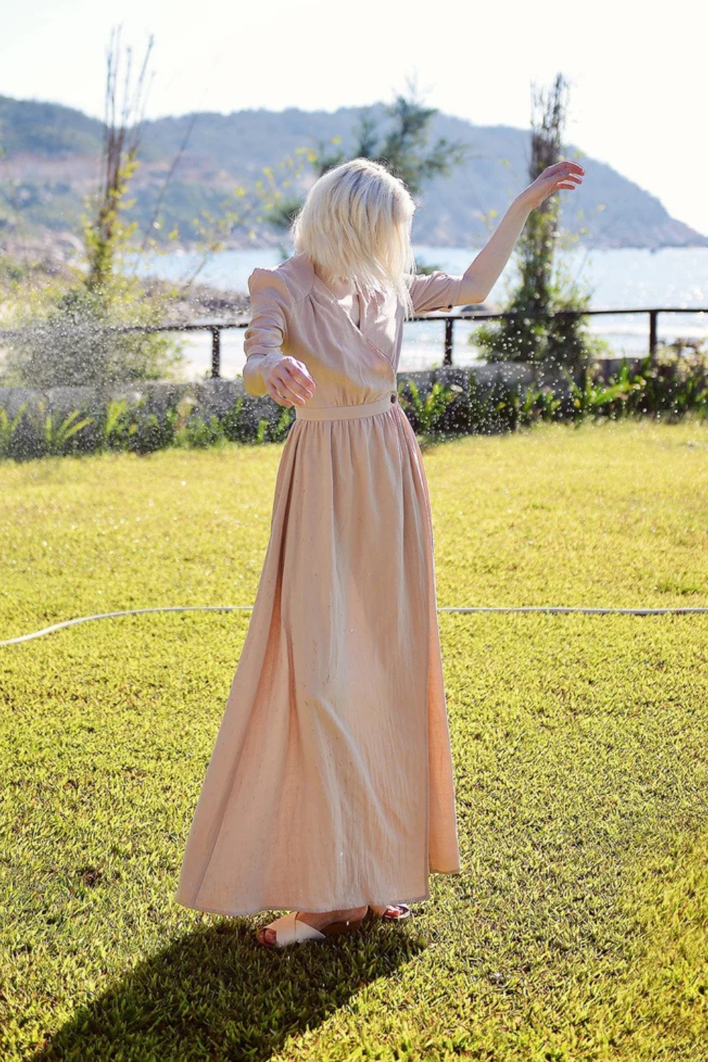 Organic Cotton Linen Wrap Maxi Dress with Sleeves